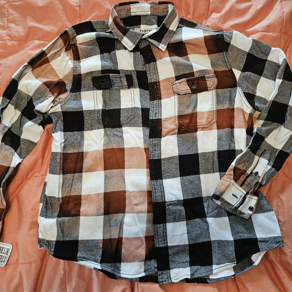 Men's Plaid Button-Up Shirt - Black, White, and Brown